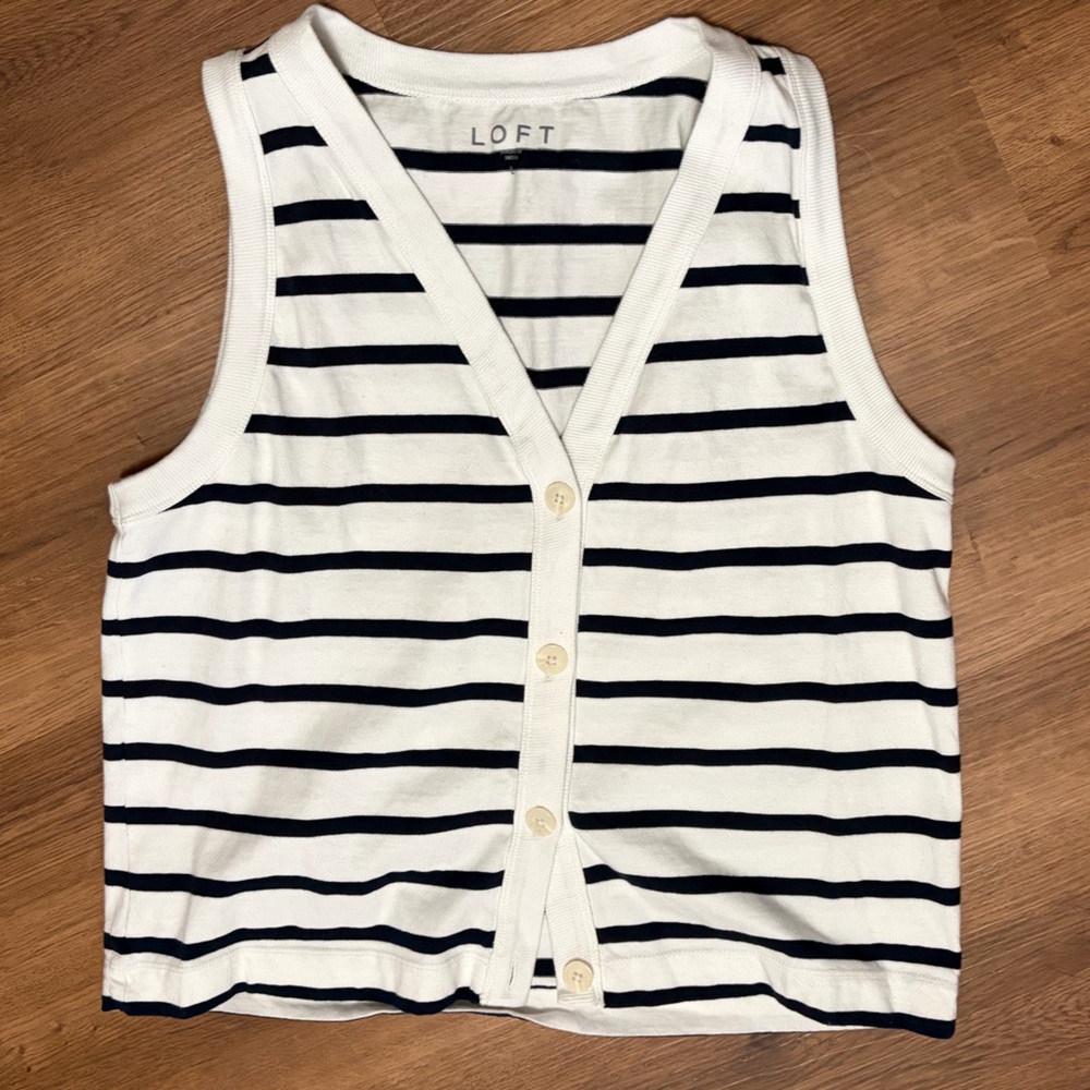 LOFT Navy & White Striped Sleeveless Button-Front Tank
